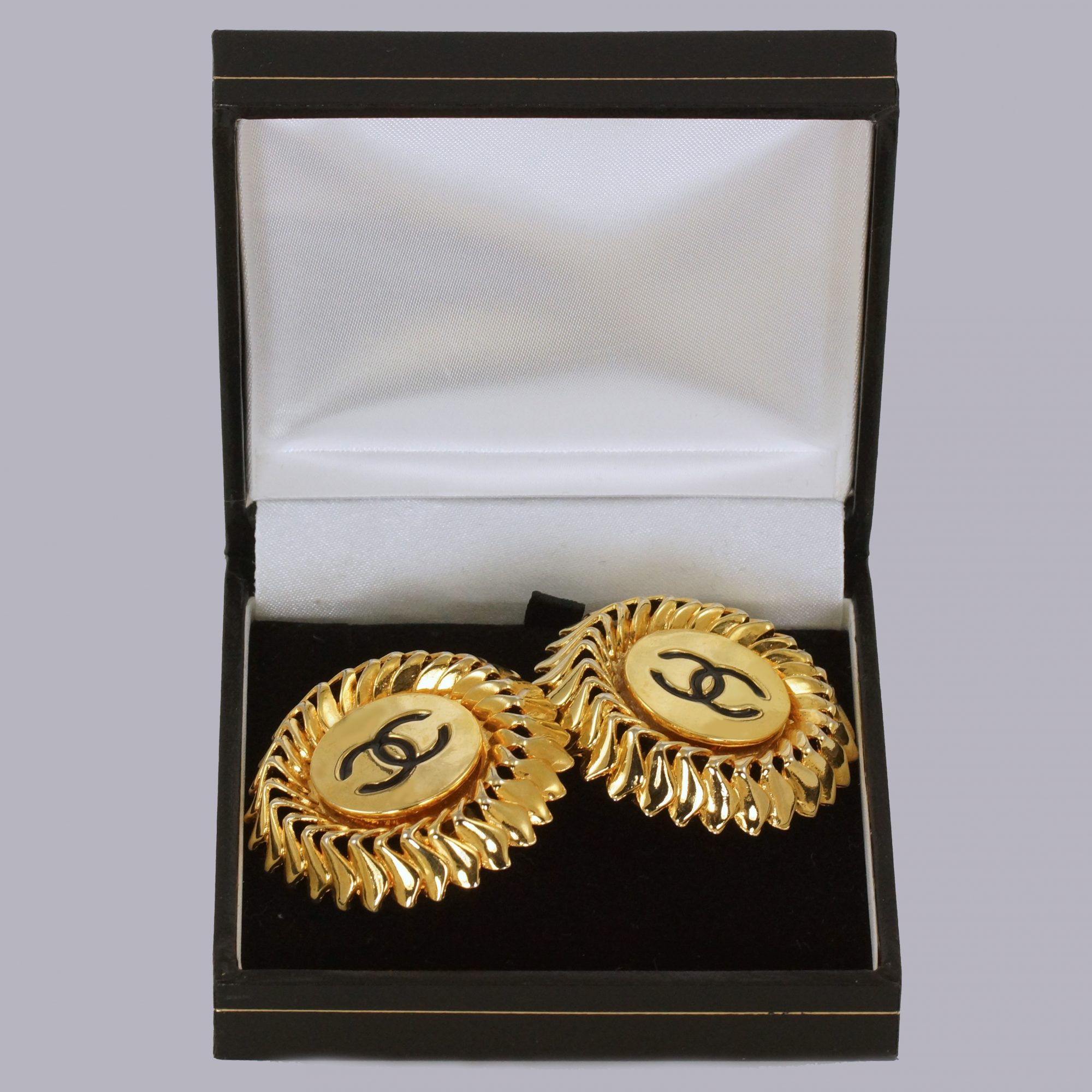 Chanel Earrings CC Gold & Black Enamel Vintage 1980's Clip On Earrings