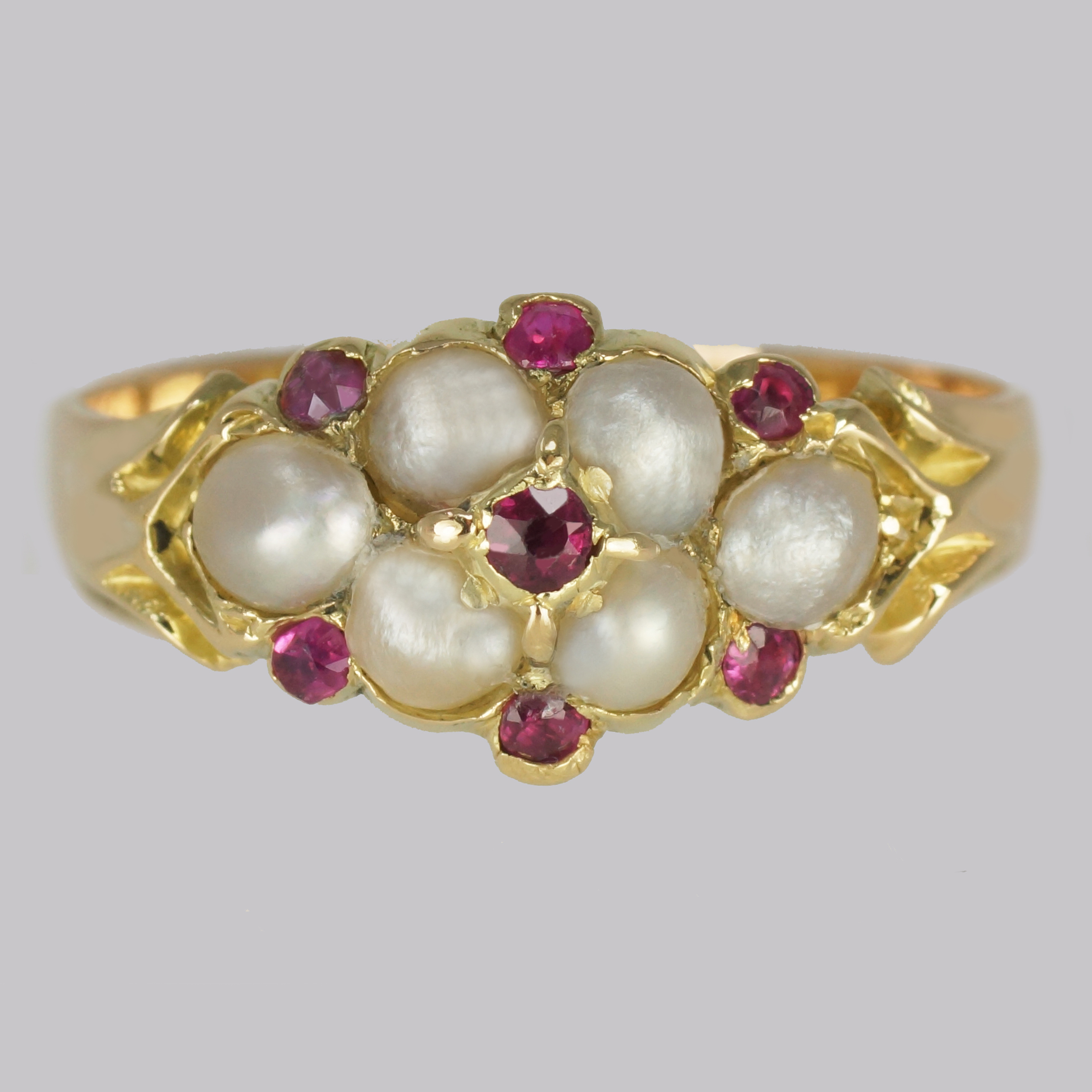 Victorian Ruby & Pearl Antique 18ct Gold Cluster Ring ca 1880