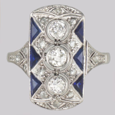 Vintage Sapphire & Old Cut Diamond Plaque Ring