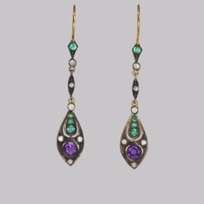 Amethyst, Emerald & Diamond Drop Earrings