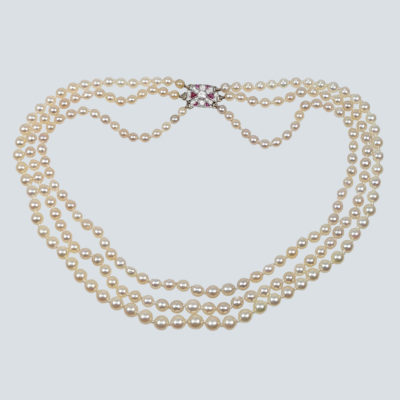 Antique Pearl Necklace Diamond & Ruby Clasp