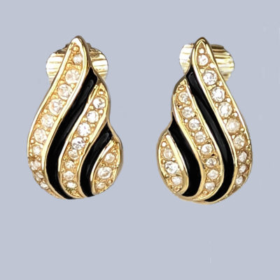 Christian Dior Swarovski Crystals Black Enamel Shell Earrings