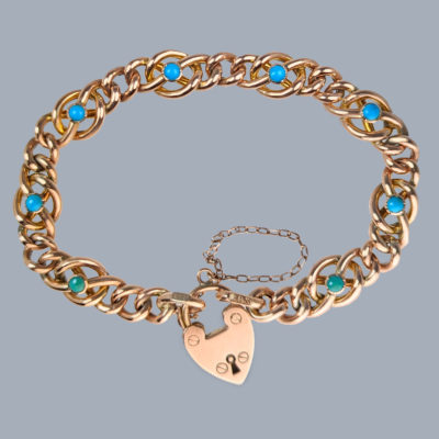 Antique Turquoise Gold Curb Link Bracelet with Heart Clasp