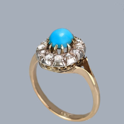 Victorian Turquoise Diamond Cluster 15ct Gold Ring