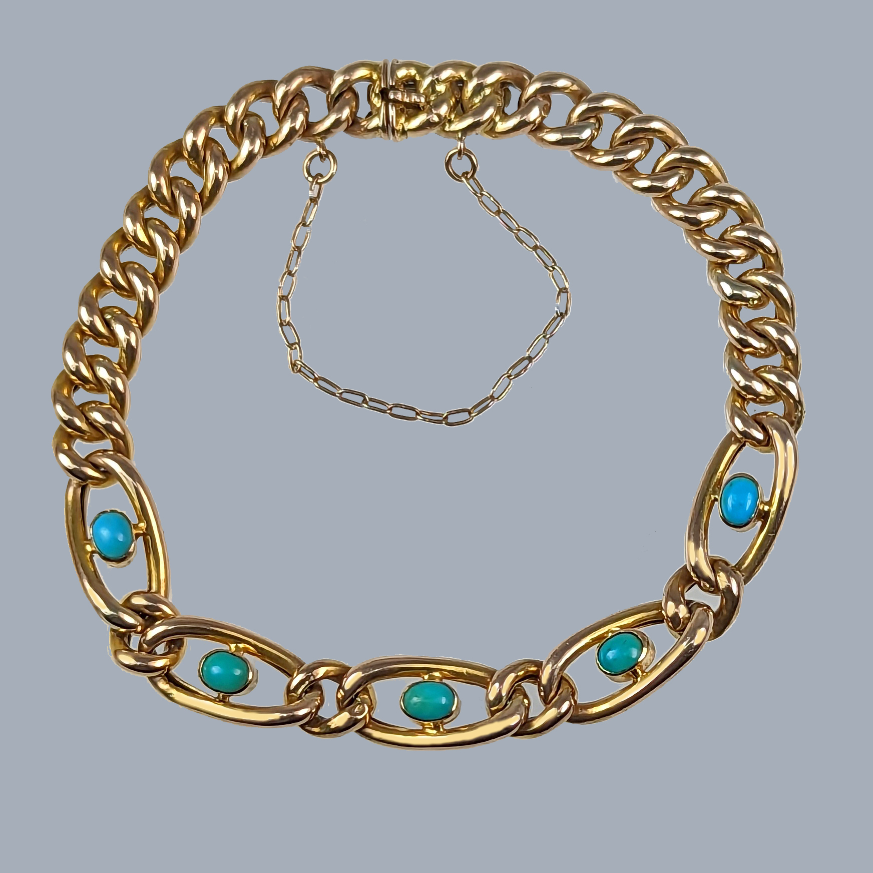 Turquoise 18ct Gold Bracelet, Large Turquoise with Grooved 18k Gold Beads  Station Bracelet. - Addy's Vintage