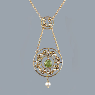 Antique Peridot Pearl 15ct Gold Necklace