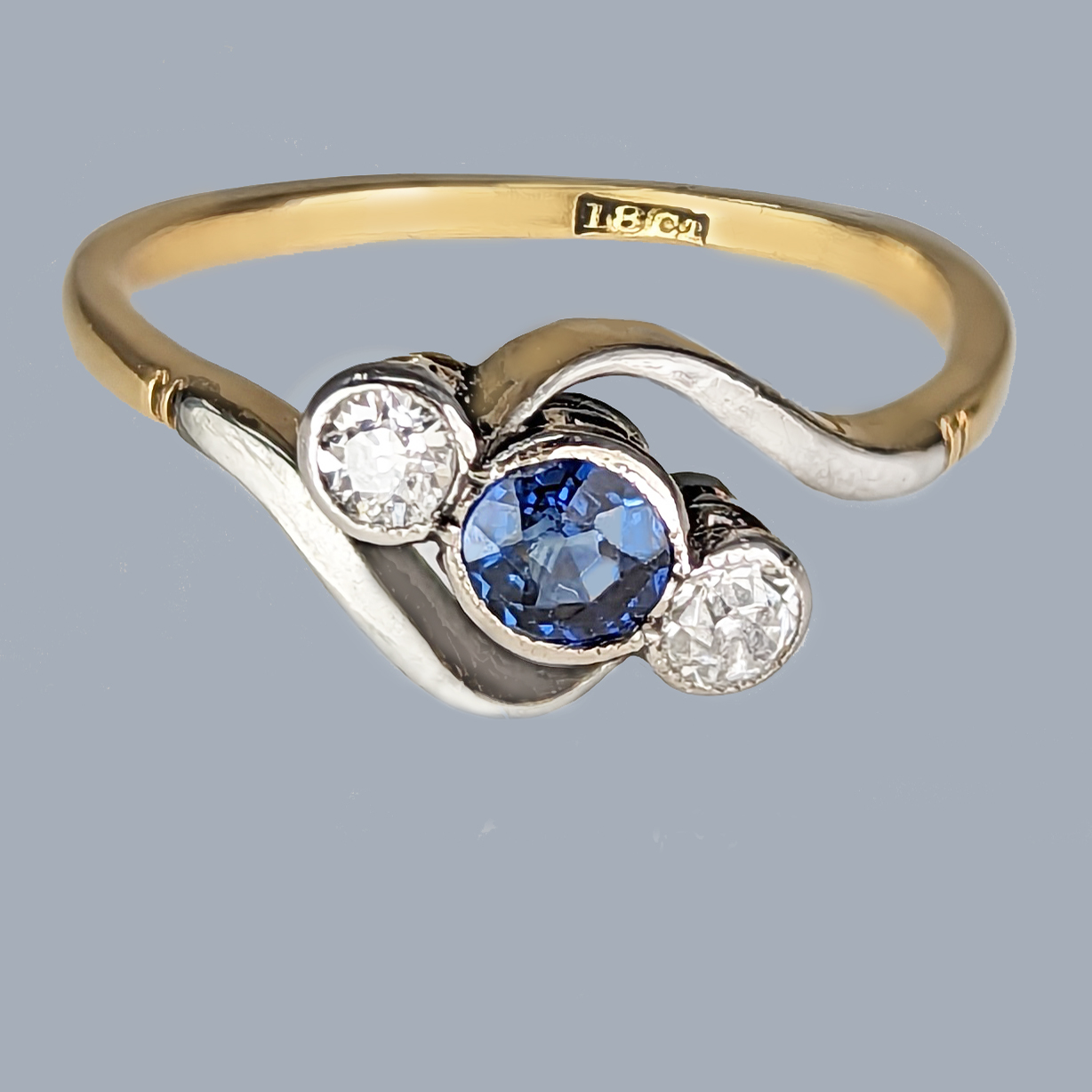 Antique Diamond Sapphire Ring 18ct Gold Shank Hallmarked