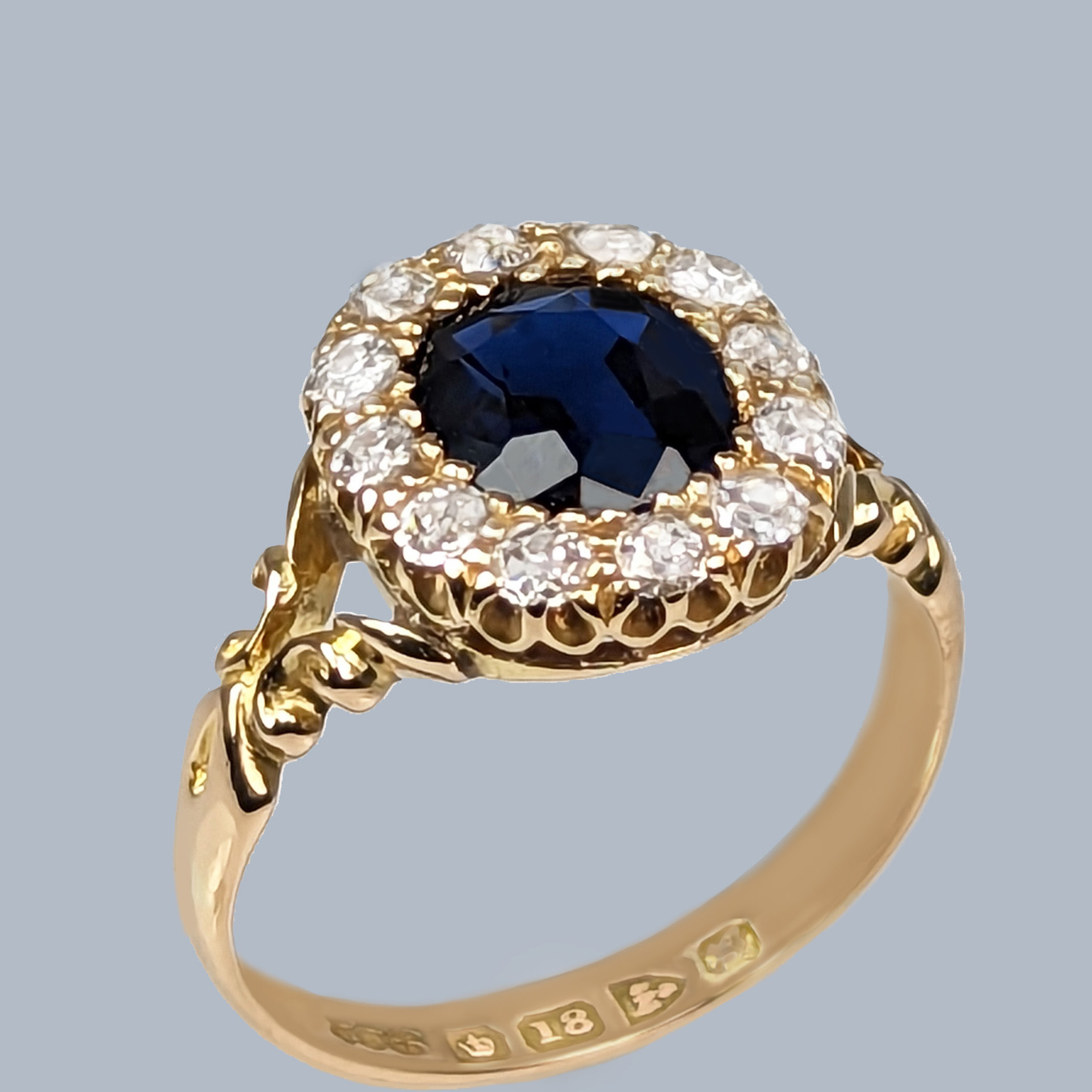 Antique Sapphire Diamond Cluster Ring Hallmarked Shank