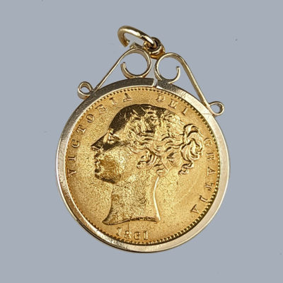 Victorian Full Sovereign Coin Pendant Bun head 1861