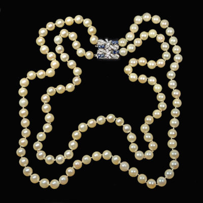Vintage Pearl Necklace Double Strand Diamond Sapphire Clasp