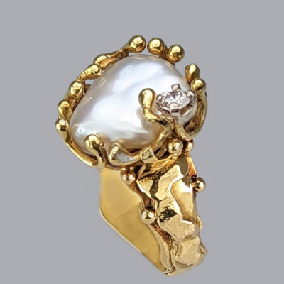 Vintage Baroque Pearl Ring with a Single Diamond by Vivian Pare