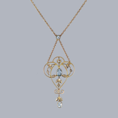 Antique Aquamarine Pearl Necklace 9ct gold ca1910