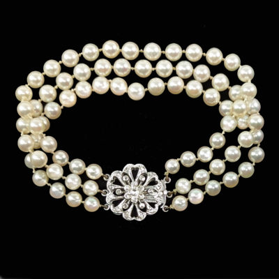Vintage Pearl Bracelet 9ct Gold Diamond Cluster Clasp