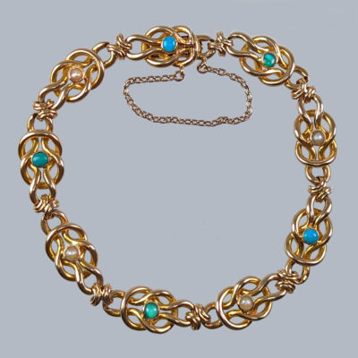 Antique 15ct Gold Turquoise and Seed Pearl Bracelet