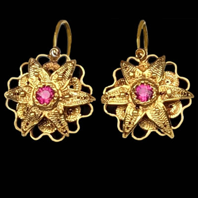 Victorian 18ct Gold Ruby Floral Drop Earrings