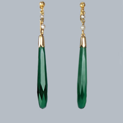 Edwardian 15ct Gold Pearl and Green Crystal Earrings