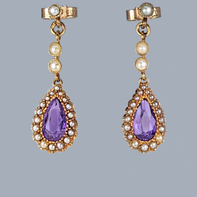 Victorian Amethyst and Pearl Drop Earrings 15ct Gold
