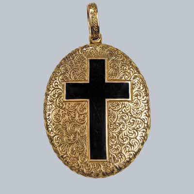 Victorian Mourning Locket 15ct Gold with Black Enamel Cross