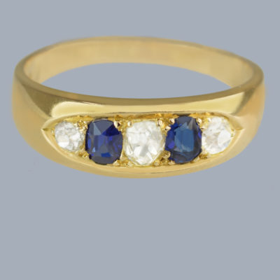 Antique Old Cut Diamond and Sapphire Bateau Ring