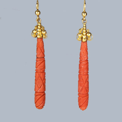Genuine Georgian Carved Coral Dangle Earrings