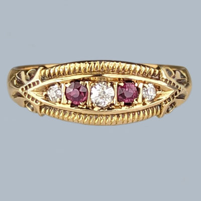 Victorian Diamond Ring with Deep Red Rubies in 18ct Yellow Gold