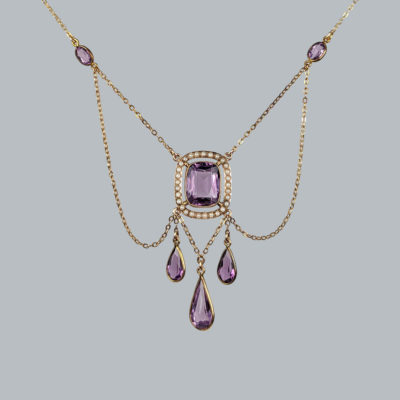 Antique Amethyst and Pearl Swag Necklace 15ct Gold