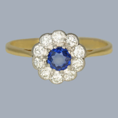 Antique Sapphire and Diamond Cluster Ring 18ct Gold 1920s