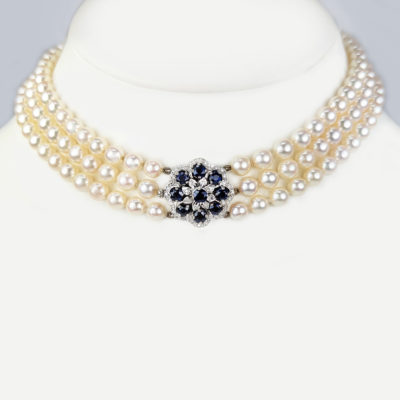Vintage Pearl Necklace Sapphire and Diamond Clasp 3 Strand