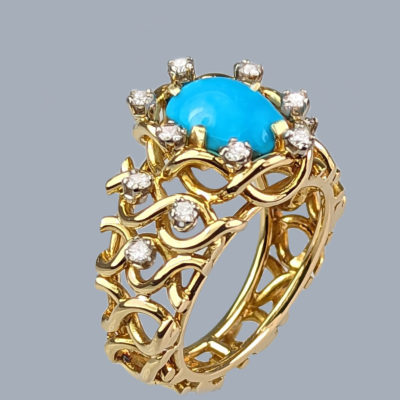 Alan Martin Gard Turquoise and Diamond Ring 1980s