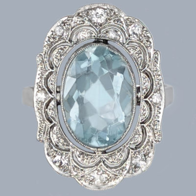Art Deco Aquamarine and Diamond Platinum Ring