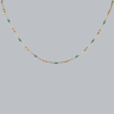 Victorian Turquoise and Pearl 15ct Gold Oblong Link Necklace