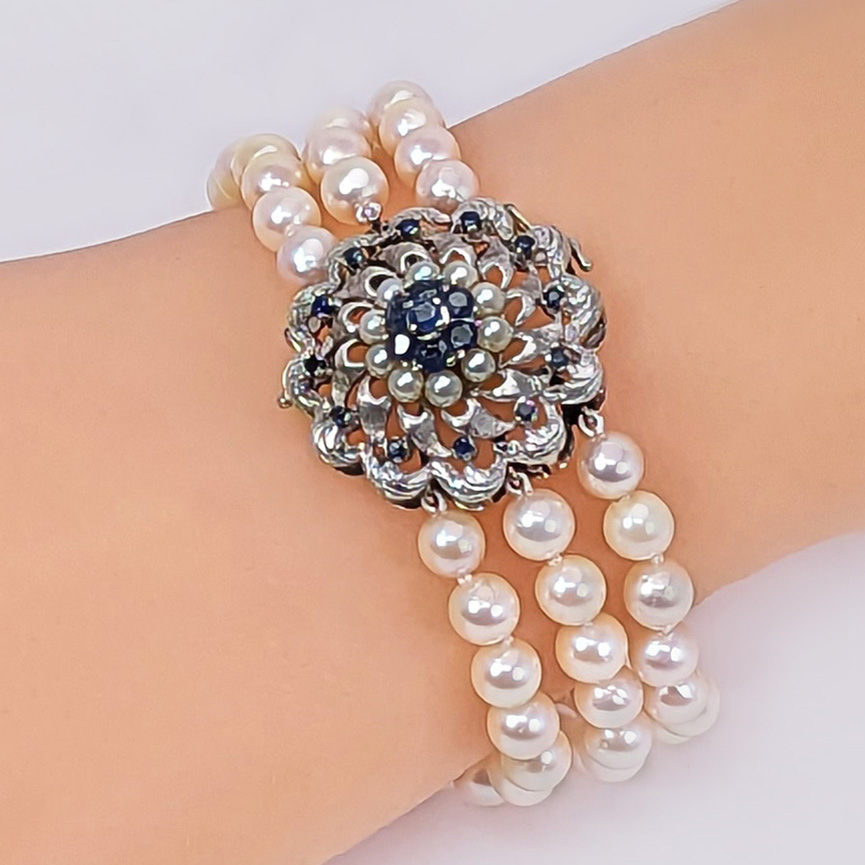 vintage bracelet pearl sapphire on wrist