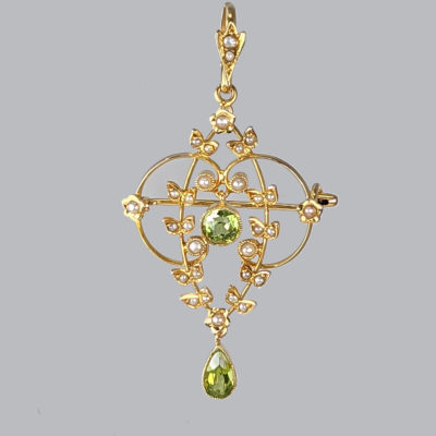 Antique Peridot Seed Pearl Pendant Brooch in 9ct Gold