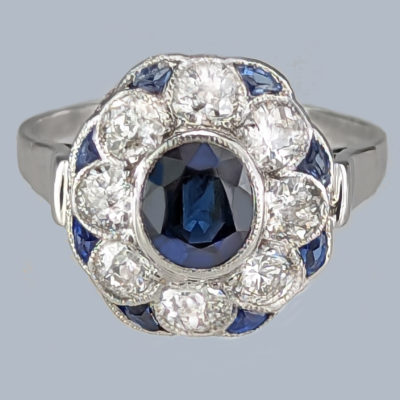 Vintage Sapphire Cluster Ring Diamond  Platinum