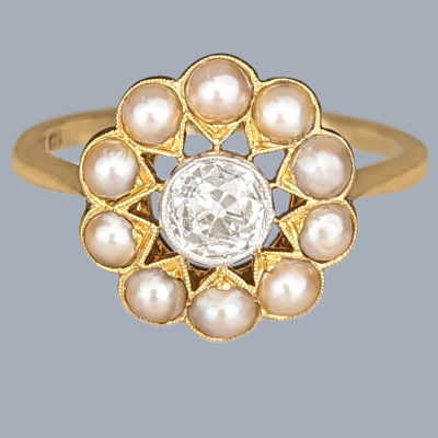 Antique Pearl and Diamond Cluster Ring 18ct Gold
