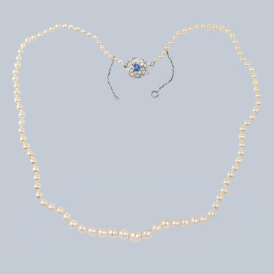Antique Pearl Necklace with Diamond Sapphire Clasp
