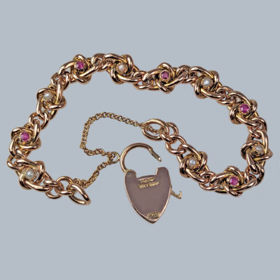 Antique Ruby and Pearl Heart Padlock Clasp Bracelet