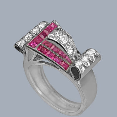 Diamond Ruby Retro Ring Platinum 1940s Large Buckle Ring