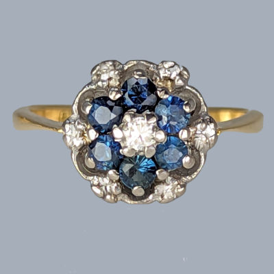 Sapphire and Diamond Cluster Ring Vintage 18ct Gold