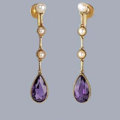 Victorian Amethyst Pearl 15ct Gold Drop Earrings