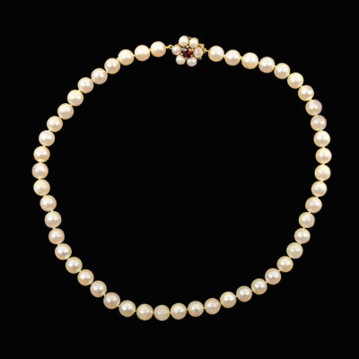 Vintage Pearl Necklace with Garnet Floral Clasp