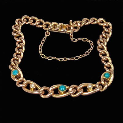 Victorian 15ct Gold Turquoise and Pearl Curb Link Bracelet