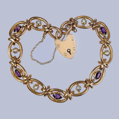 Edwardian Pearl and Amethyst Bracelet Heart Padlock 9ct Gold