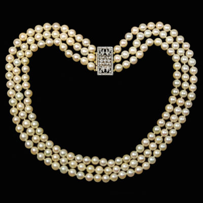 Vintage Pearl Necklace with Diamond Clasp Triple Strand