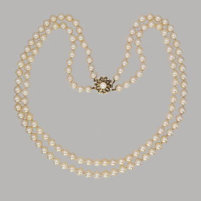 Vintage Long Pearl Necklace with Diamond Clasp