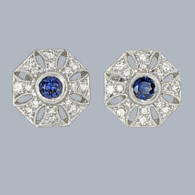 Vintage Sapphire Diamond Cluster Earrings 18ct Gold