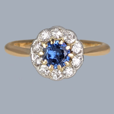 Vintage Sapphire and Diamond Cluster Ring 18ct Gold 1920s