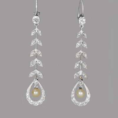 Edwardian Pearl Diamond Drop Platinum Earrings