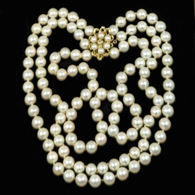 Vintage Pearl Necklace 14ct Gold Cluster Clasp 1960s Pearl Choker