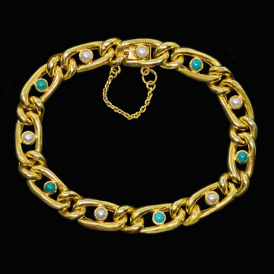 Antique 15ct Gold Turquoise and Pearl Curb Link Bracelet
